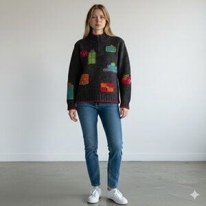 Woolrich Wool Zip Collar Patchwork Charcoal Grey Ski Sweater Women's Small